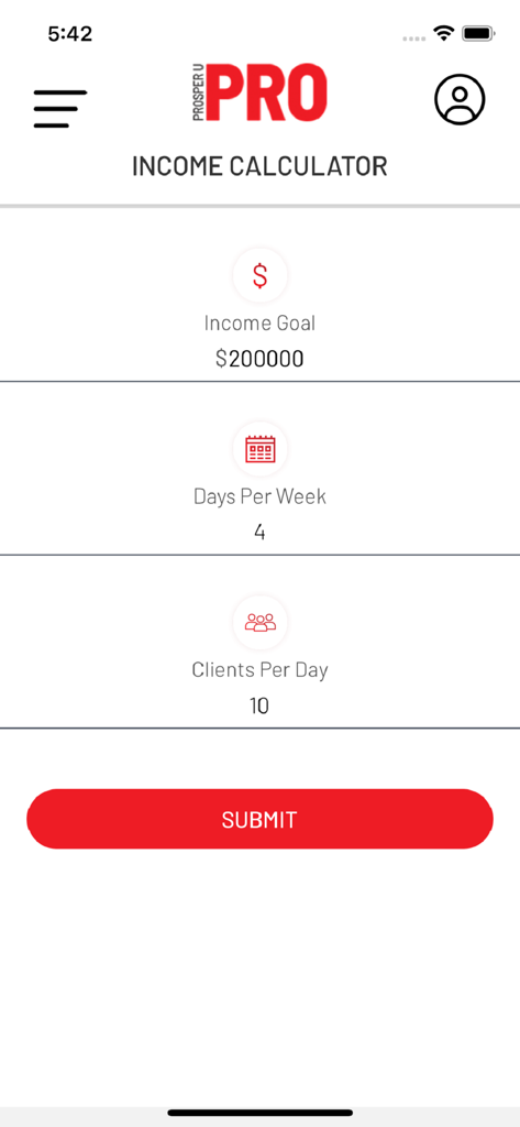 Prosper U - Prosper U income calculator screen showing financial goal settings