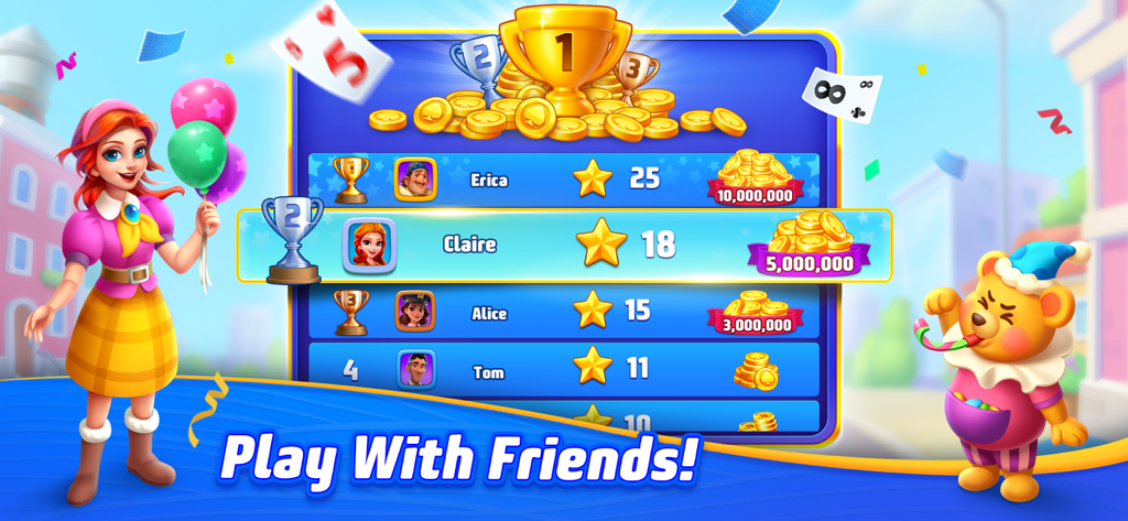 Solitaire TriPeaks Journey leaderboard screen showing rankings of players including Claire with coin rewards and characters