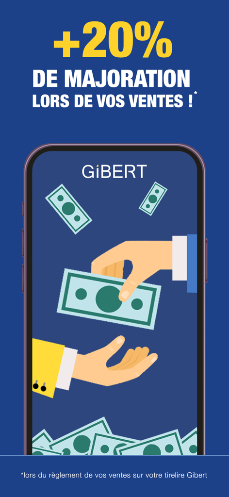 Gibert - Je Vends - Graphic showing a 20 percent bonus on sales for Gibert store credit with hands exchanging cash