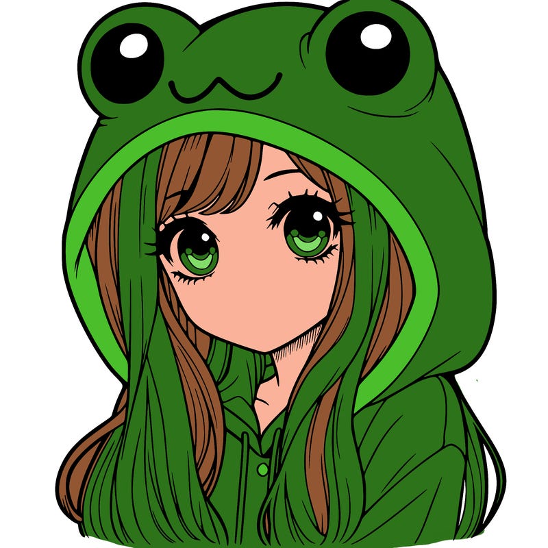 a pretty girl wearing a frog hoodie portrait with long hair