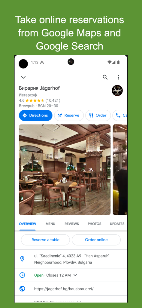 Reservation.Tools - Google Maps business profile showing online reservation and booking buttons for a restaurant