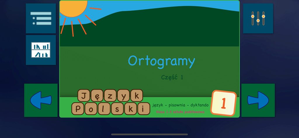 Polskie Ortogramy 2 - Main screen of Polskie Ortogramy 2 app showing lesson part one for Polish language spelling