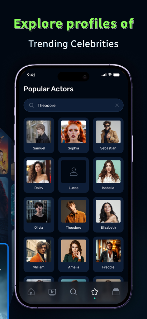 Interfaz de la aplicación MovieBox mostrando una barra de búsqueda y una cuadrícula de perfiles de celebridades de moda