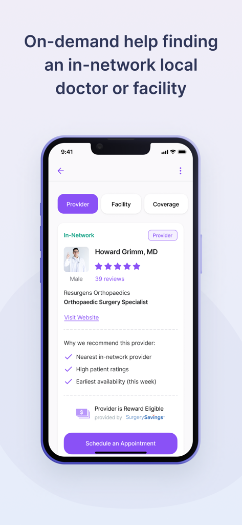 HealthJoy - HealthJoyアプリのインターフェイスに、評価と予約ボタンを備えた推奨ネットワーク内医師のプロフィールが表示されています。