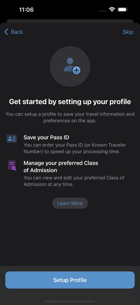 Global Entry Mobile - Profile setup screen for Global Entry Mobile app