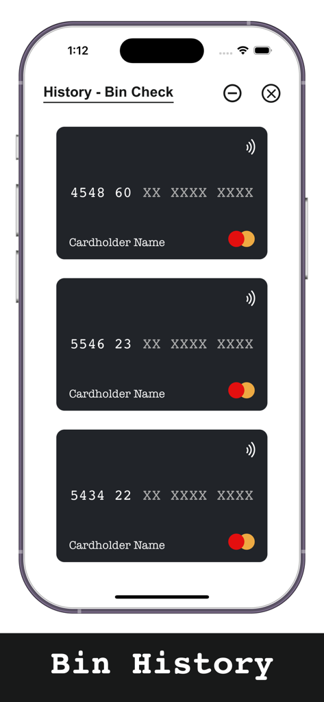Pantalla de la aplicación móvil que muestra una lista del historial de verificación de números de identificación bancaria con iconos de tarjetas de crédito.