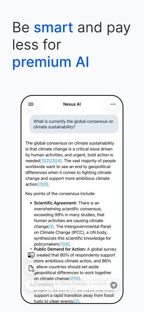 Interfaz del Asistente de Chat Nexus AI mostrando una respuesta detallada basada en la web con el lema Sé inteligente y paga menos por IA premium.