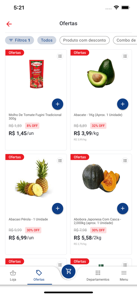 Shibata Supermercados app offers screen showing discounted grocery products like tomato sauce and fresh produce