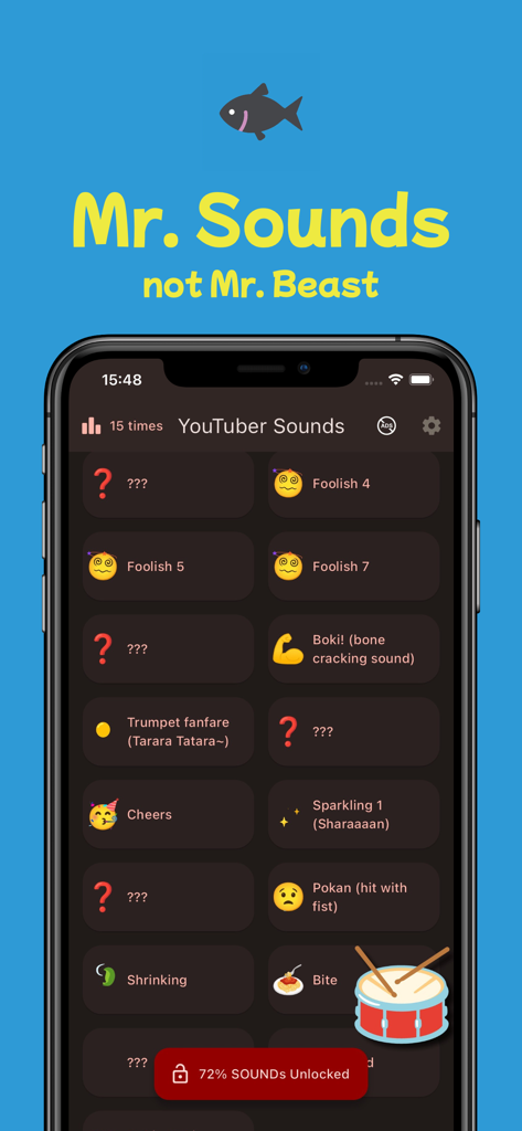 The user interface of the YT Sounds app soundboard showing buttons for various sound effects and a progress bar for unlocked sounds.