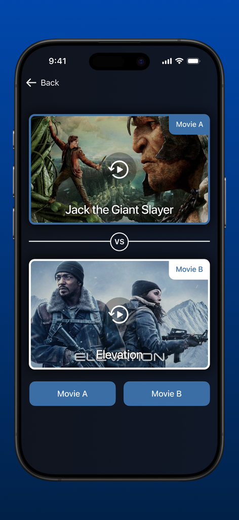 Mags TV app interface showing a random movie matchup between two films to help users decide what to watch