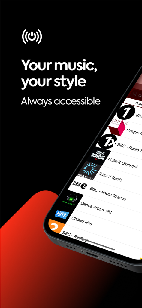 Smartphone displaying popular British radio stations like BBC Radio and Chilled Hits