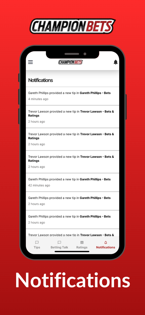 Champion Bets - Champion Bets mobile app interface showing a list of notifications for new expert betting tips