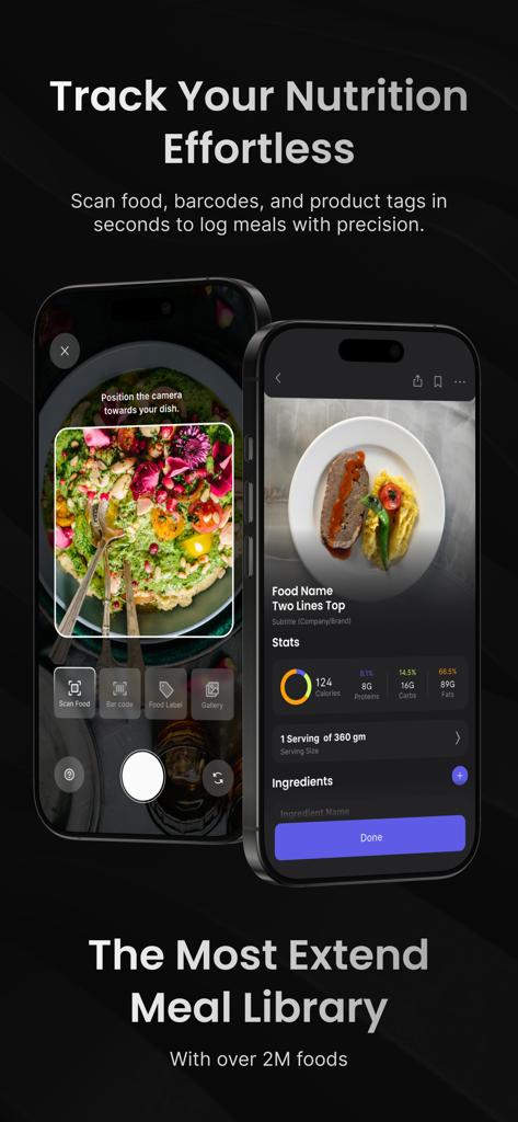 Coachify AI app interface demonstrating the food scanning and nutrition tracking feature with calorie and macro data