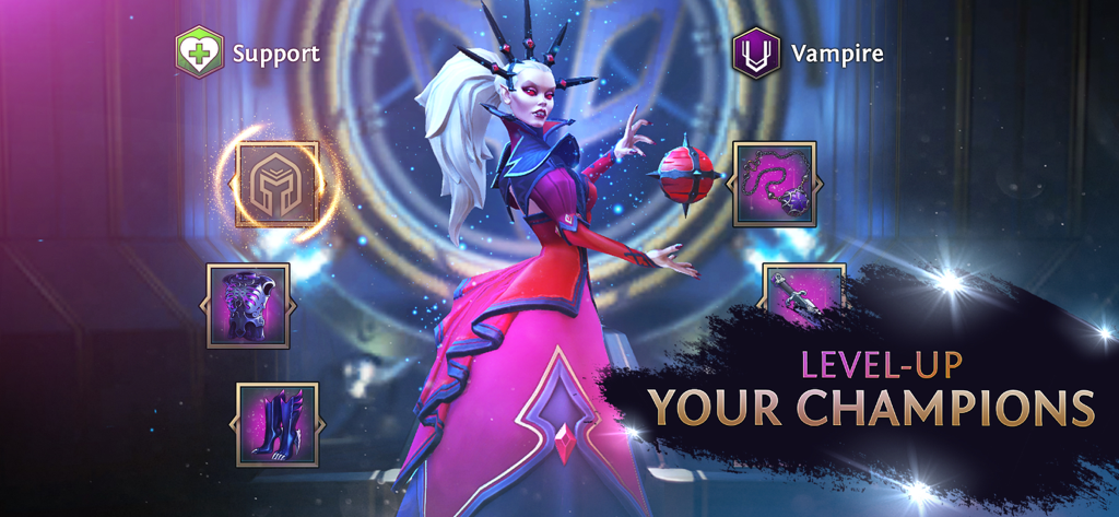 Heroes of the Dark: Squad RPG - Una campeona de apoyo vampira femenina con equipo equipado en Heroes of the Dark Squad RPG