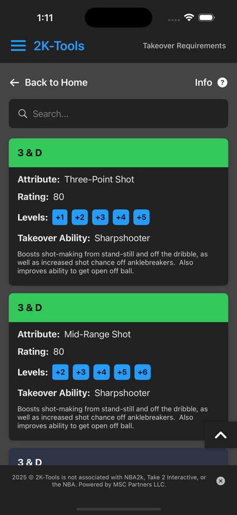 Interface of the 2K-Tools app displaying takeover requirements and attribute ratings for Three-Point and Mid-Range shots.