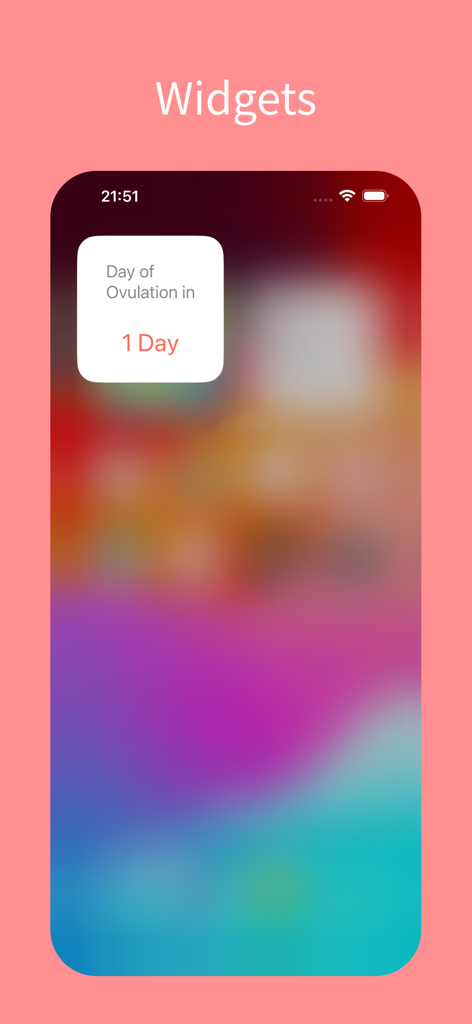 Period Tracker - Cycle Log App - Pantalla de inicio del iPhone que muestra un widget de registro de ciclo prediciendo la ovulación en un día.