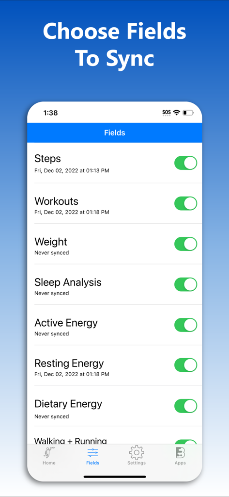 Fitbit to Apple Health Sync - Fitbit에서 Apple 건강으로 동기화할 걸음 수 및 운동과 같은 건강 데이터 필드 선택 화면을 보여주는 인터페이스