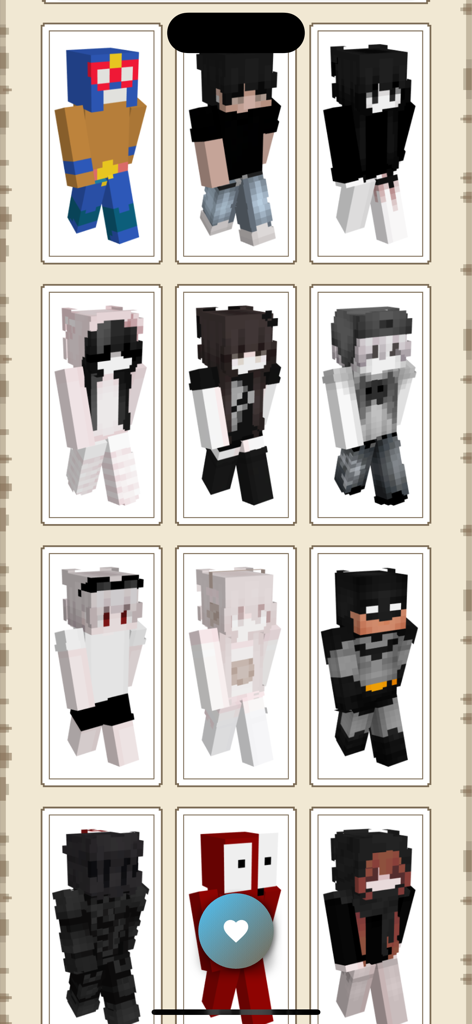 A variety of trendy Minecraft skins including superhero and aesthetic styles.
