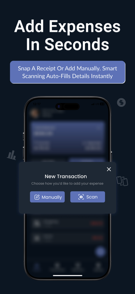 Interface do aplicativo Spend Smart mostrando botões para adicionar despesas manualmente ou digitalizar um recibo usando IA