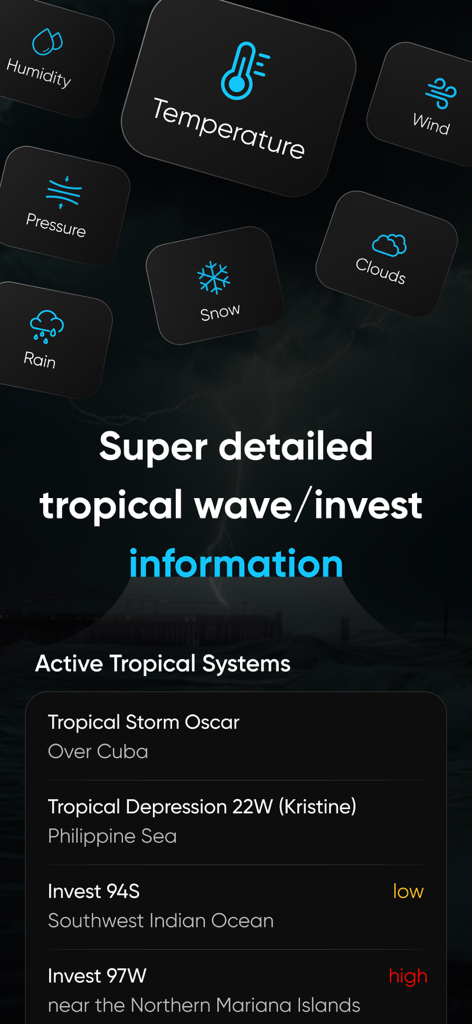 Hurricane Tracker: Storm Alert - Una captura de pantalla de la interfaz de la aplicación Hurricane Tracker que muestra una lista de sistemas de tormentas tropicales activos y categorías de seguimiento meteorológico