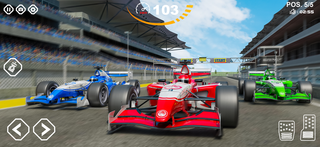 Three formula racing cars competing on a high-speed track with spectators in the stands