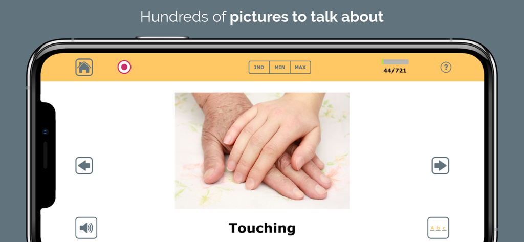 Naming Therapy - Naming Therapy app showing a photo of an older hand holding a younger hand with the word Touching