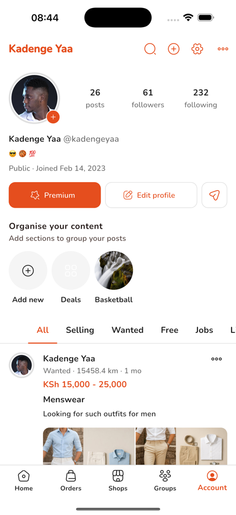 Nikela app user profile page showing account statistics and a menswear marketplace post
