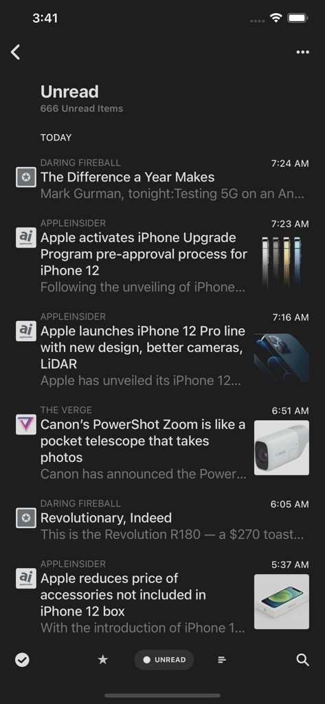 Reeder Classic unread news articles list in dark mode