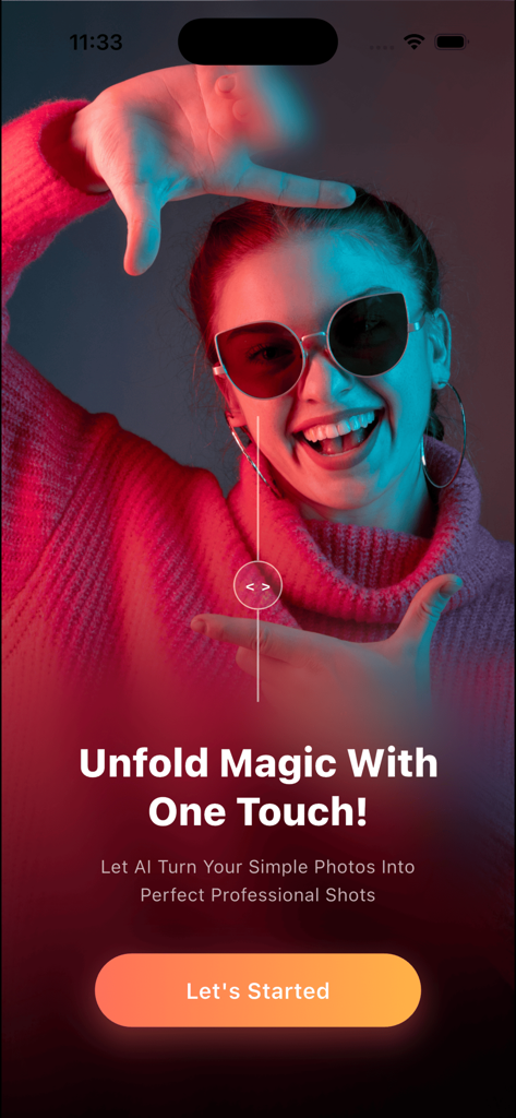 PhotoCraft Editor - A smiling young woman on the welcome screen of the PhotoCraft Editor mobile app featuring the headline Unfold Magic With One Touch
