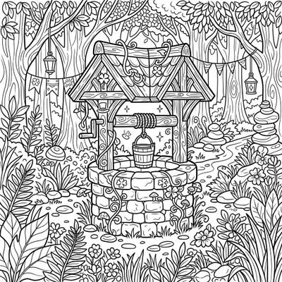 Discover a world of magic with this intricate wishing well coloring page, set deep within an enchanted forest. Explore every charming detail, from the stone well adorned with shamrocks to the lush surrounding flora, promising hours of creative relaxation.
