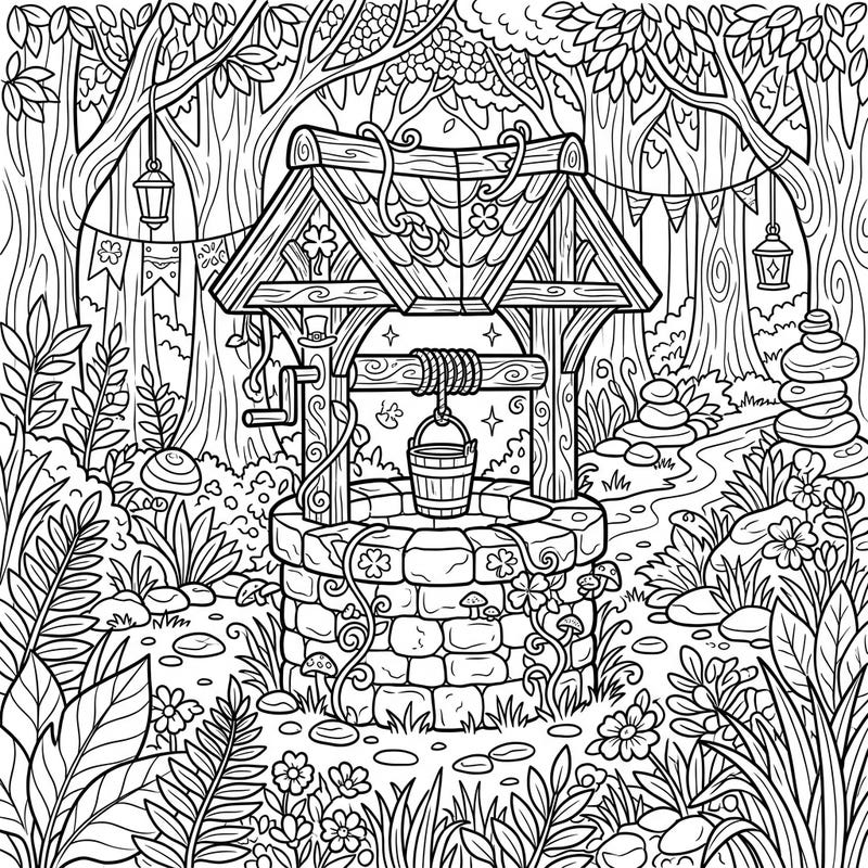 Discover a world of magic with this intricate wishing well coloring page, set deep within an enchanted forest. Explore every charming detail, from the stone well adorned with shamrocks to the lush surrounding flora, promising hours of creative relaxation.