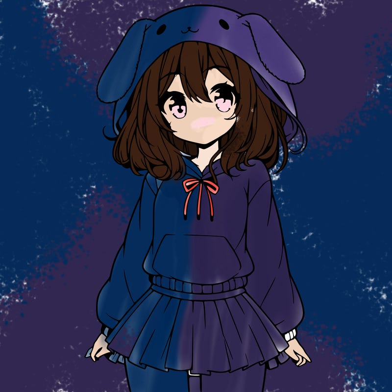 pretty anime girl wearing a fluffy hoodie with bunny ears on the hood and a skirt