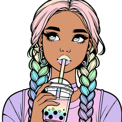 realistic girl with braided hair drinking boba