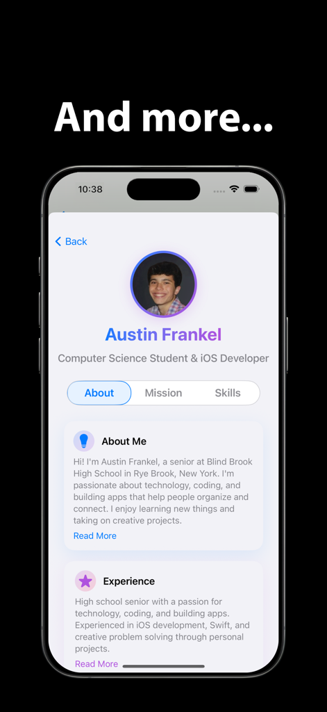 Página de perfil del desarrollador de la aplicación Seat Maker, Austin Frankel, mostrando su biografía y experiencia.