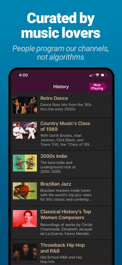 AccuRadio: Curated Music Radio - AccuRadio app interface showing a list of human curated music channels in diverse genres like Jazz and Country