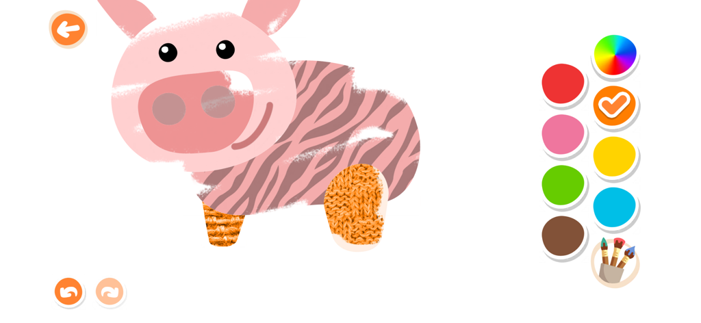 Kidify: Kids Color, Play, Talk - Interface of the Kidify app showing a cartoon pig being colored with different patterns and textures.