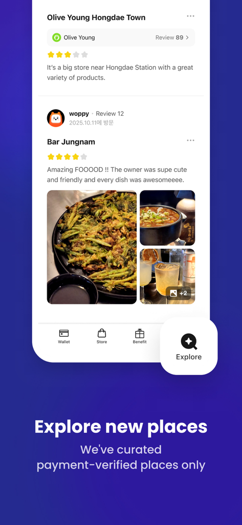 WOWPASS: Go Cashless in Korea - WOWPASS app interface showing a list of curated local shops and restaurants in Korea with user reviews and photos.