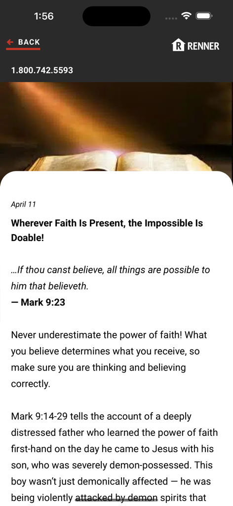 Daily Bible devotional screen on the Renner app featuring a study on faith and an open scripture