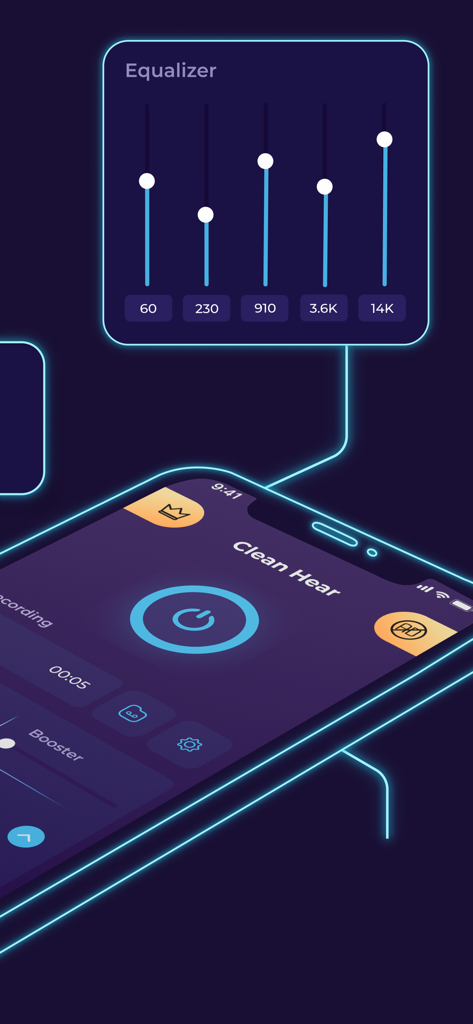Hearing Amplifier: Clear Sound - Hearing amplifier app interface showing a 5-band sound equalizer on a smartphone screen.
