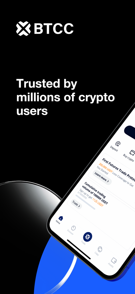 BTCC crypto trading app interface with the slogan Trusted by millions of crypto users