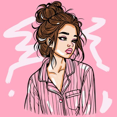 realistic woman with pajamas on and a messy bun