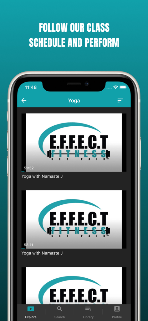Effect Fitness On Demand - Screenshot of the Effect Fitness On Demand app showing a schedule of available yoga classes with Namaste J