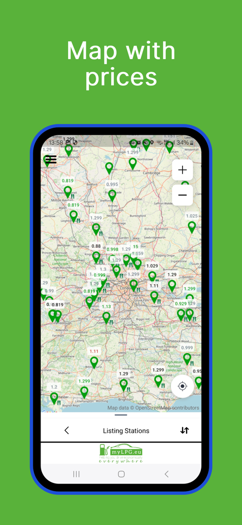 Ein mobiler App-Screenshot, der eine Karte mit mehreren grünen Pins anzeigt, die LPG-Propangas-Tankstellen und deren aktuelle Preise kennzeichnen