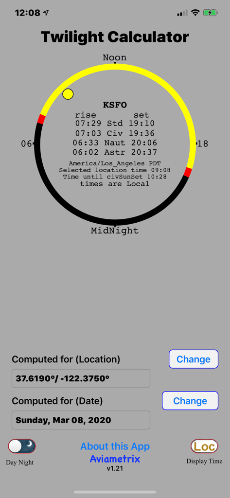 Civil Twilight Calculator app interface displaying sunrise sunset and twilight times for KSFO airport with a circular sun dial.