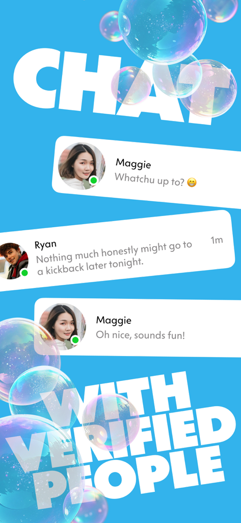 A screen from the Soda app featuring chat bubbles between users and the text Chat With Verified People on a blue bubbly background.