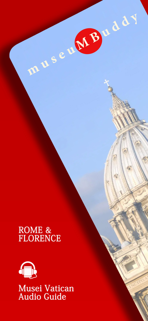 Pantalla de inicio de la aplicación Audioguía Museos Vaticanos con la Basílica de San Pedro y el logo de Museum Buddy