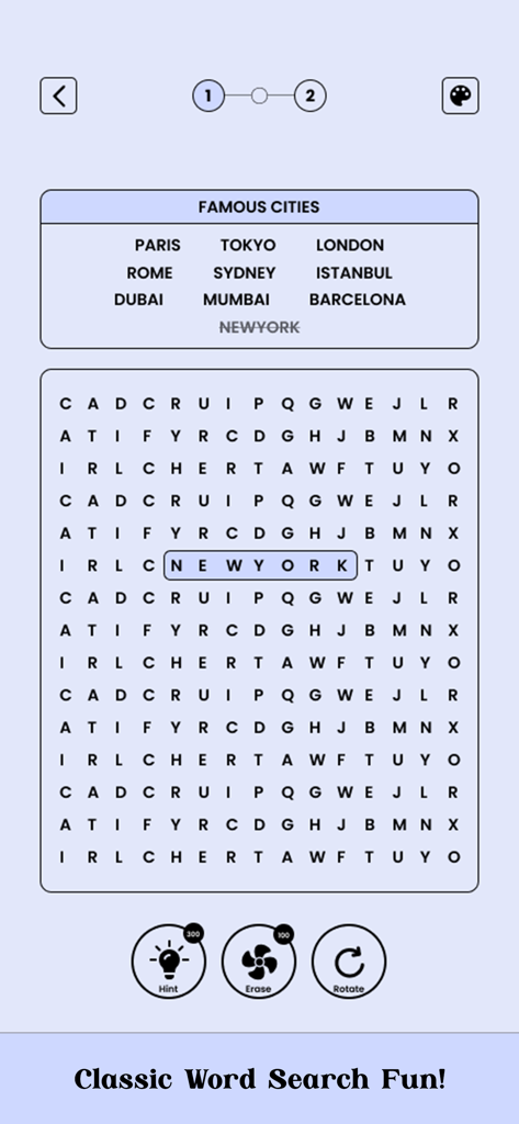 Word Search - Super Hard - Interfaz de puzle de sopa de letras clásica con un tema de ciudades famosas y una cuadrícula de 15 por 15.
