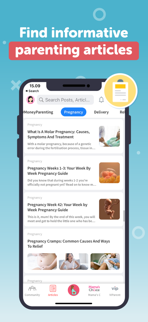 Tela de smartphone mostrando o aplicativo Asianparent com uma lista de artigos informativos sobre gravidez e parentalidade