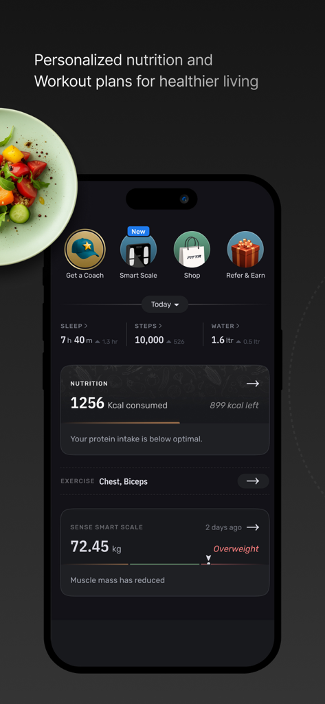 A smartphone displaying the FITTR app dashboard with daily health stats, calorie tracking, and a meal plate illustration.