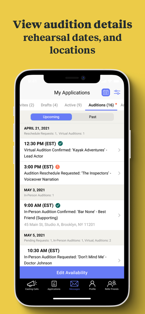A mobile interface of the Backstage app displaying a list of upcoming audition dates, times, and locations for an actor.